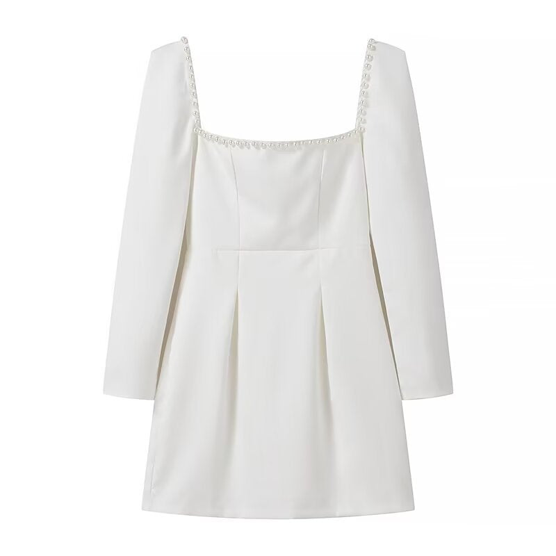 Women Figure-Hugging A-Line Mini Dress with Square Neckline, Long Sleeves and Beaded Detail Chichicherry