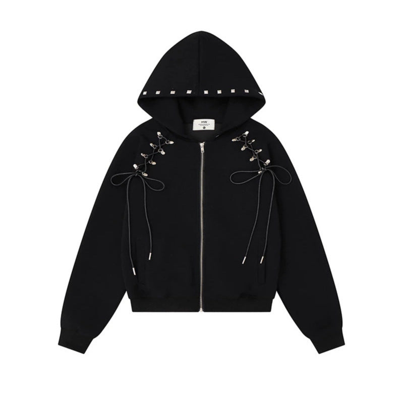 Women's hooded sweat jacket with lacing, metal eyelets, and long zipper Chichicherry