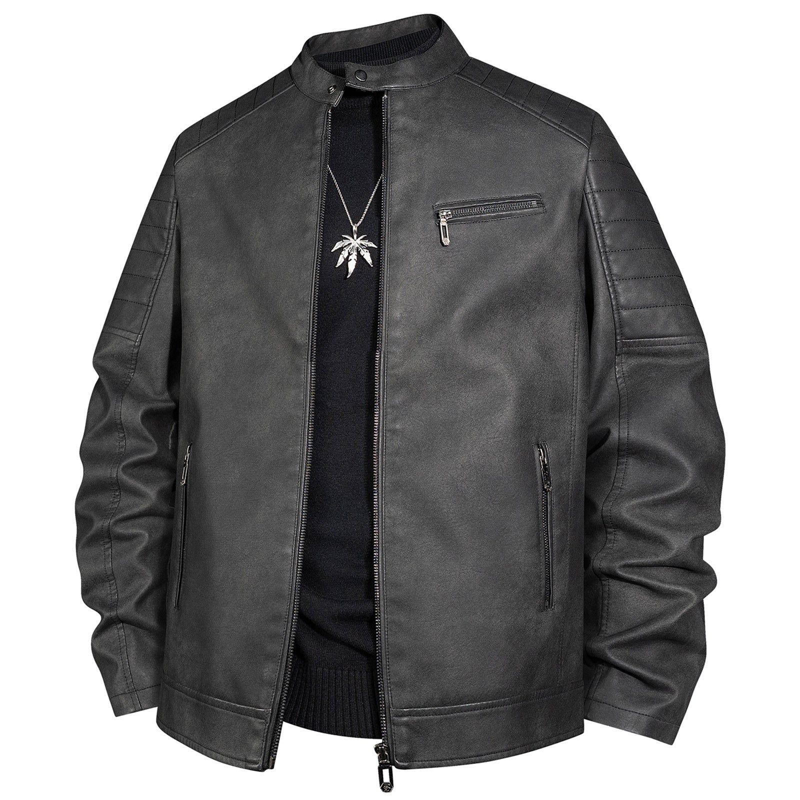 Men's biker jacket made of faux leather with stand-up collar and quilted shoulder Chichicherry