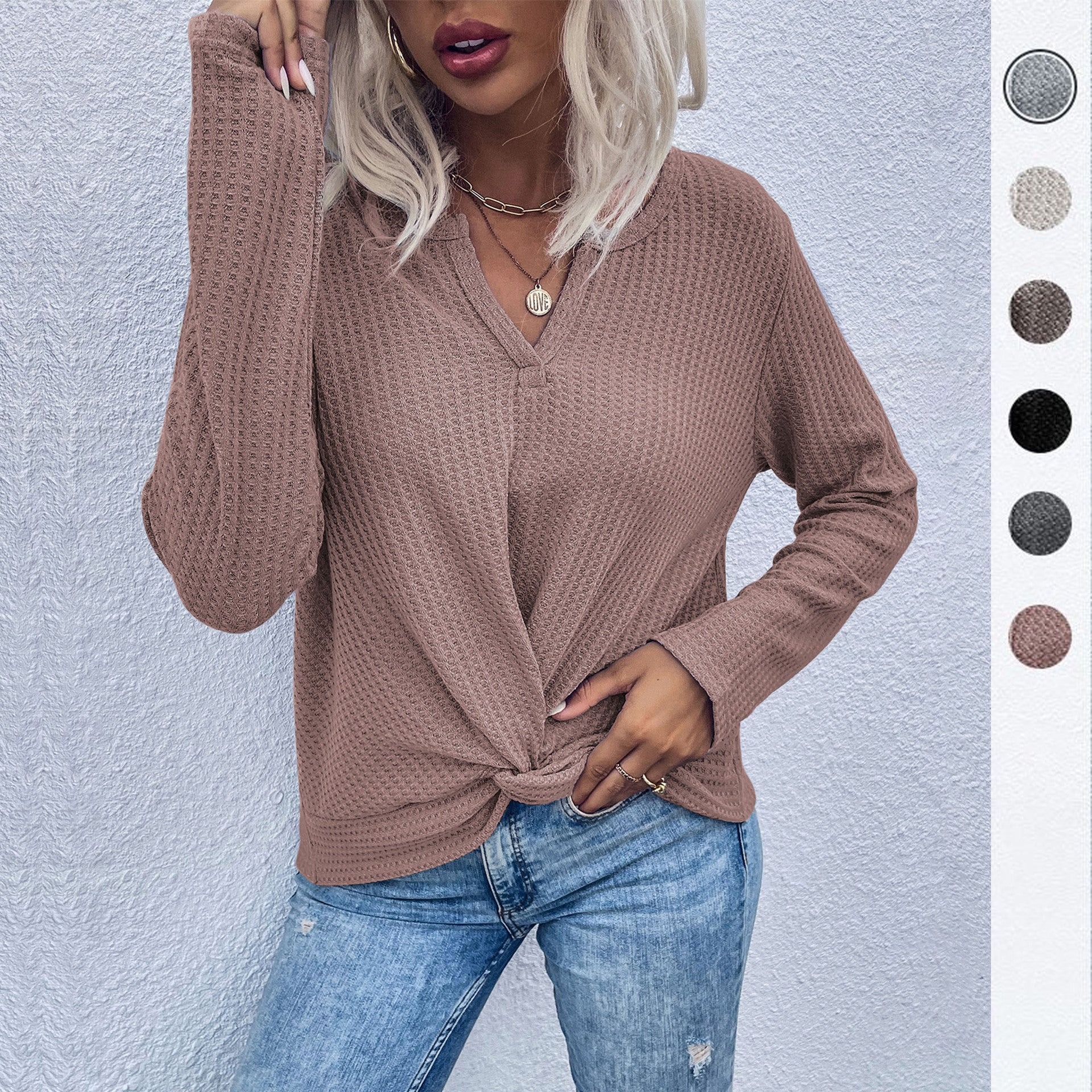 Women Waffle Knit Long Sleeve with V-neck and Knot Front Chichicherry