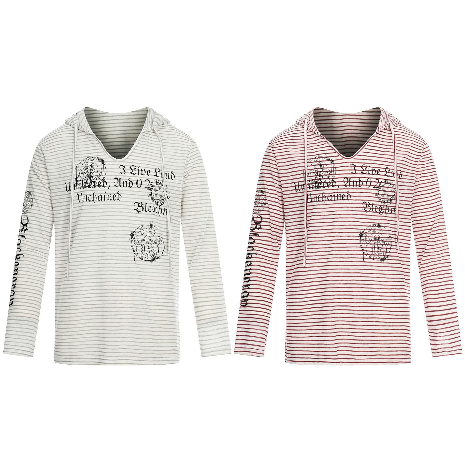 Women's Lightweight Hooded Long Sleeve with V-Neck, Striped Pattern and Vintage Print Chichicherry