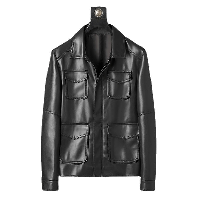 Men's smooth artificial leather field jacket with four patch pockets Chichicherry