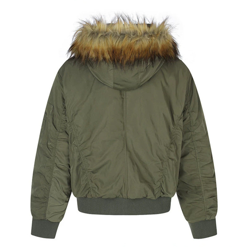 Women's short-cut bomber jacket with faux fur hood and eyelet application Chichicherry