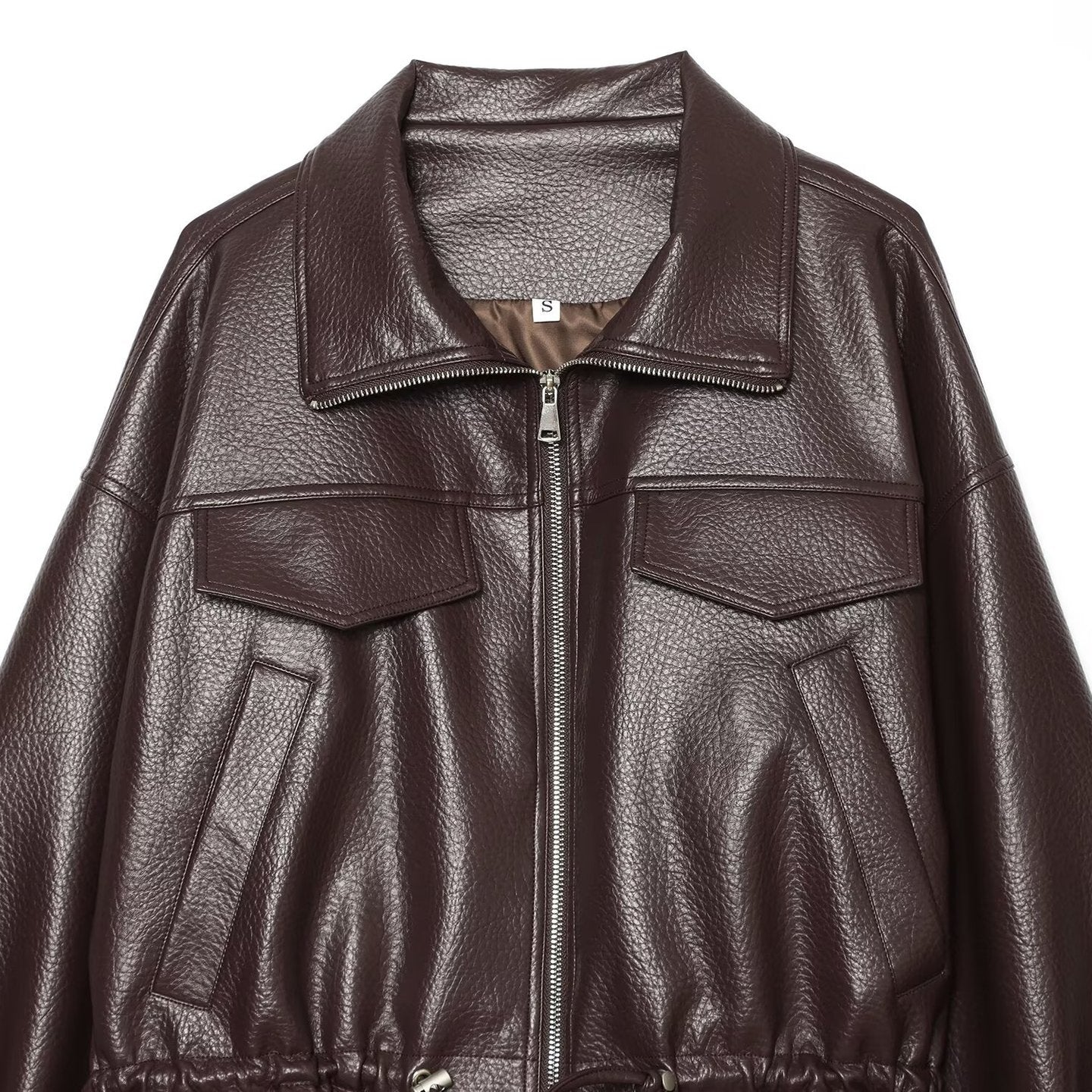 Women's Cropped Faux Leather Blouson with High Stand-up Collar, Flap Pockets and Drawstring