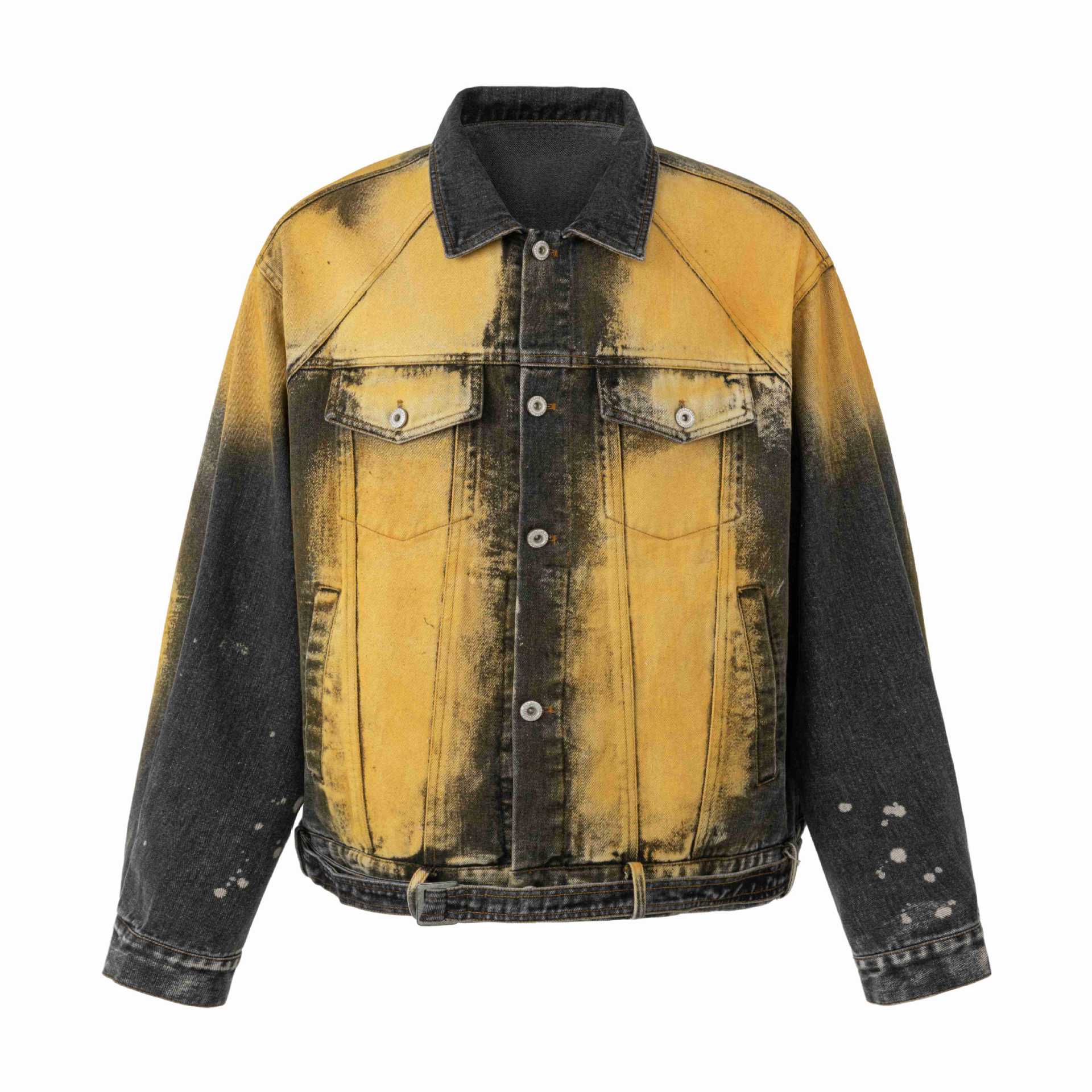Men's Oversized Denim Jacket Vintage Washed with Splatter Effect and Adjustable Waist Chichicherry