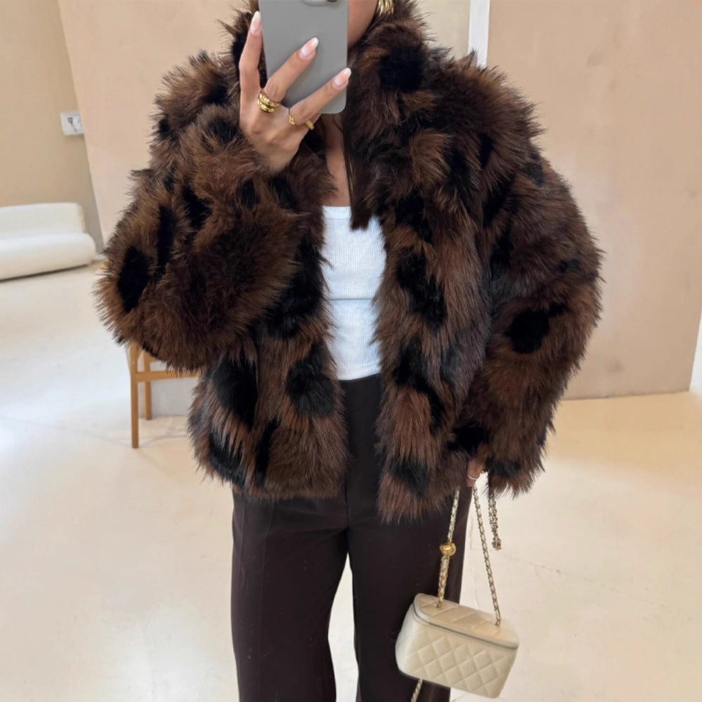 Women's Boxy Short Jacket made of Woven Fur with Natural Fur Look and Wide Shawl Collar Chichicherry