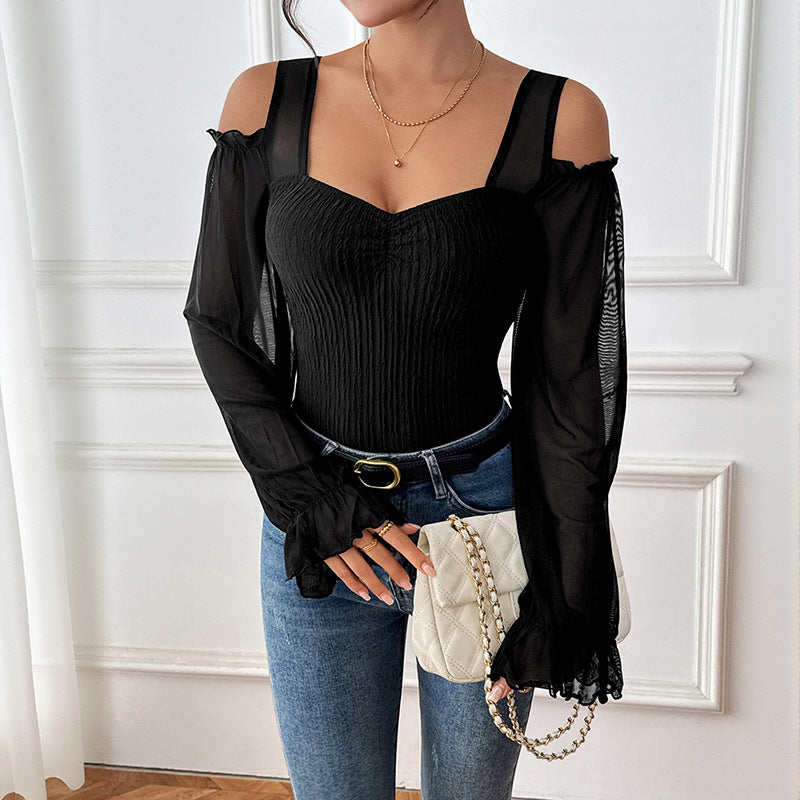 Women Tailored Mesh Bodysuit with Heart-Shaped Neckline, Puff Sleeves and Shaping Ribbed Body Chichicherry