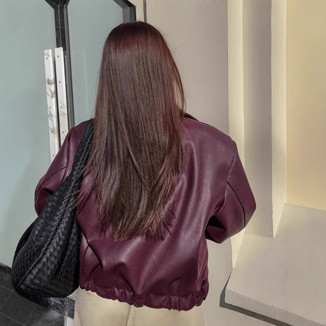 Women's Short Oversized Faux Leather Jacket with Shirt Collar and Elastic Hem Chichicherry