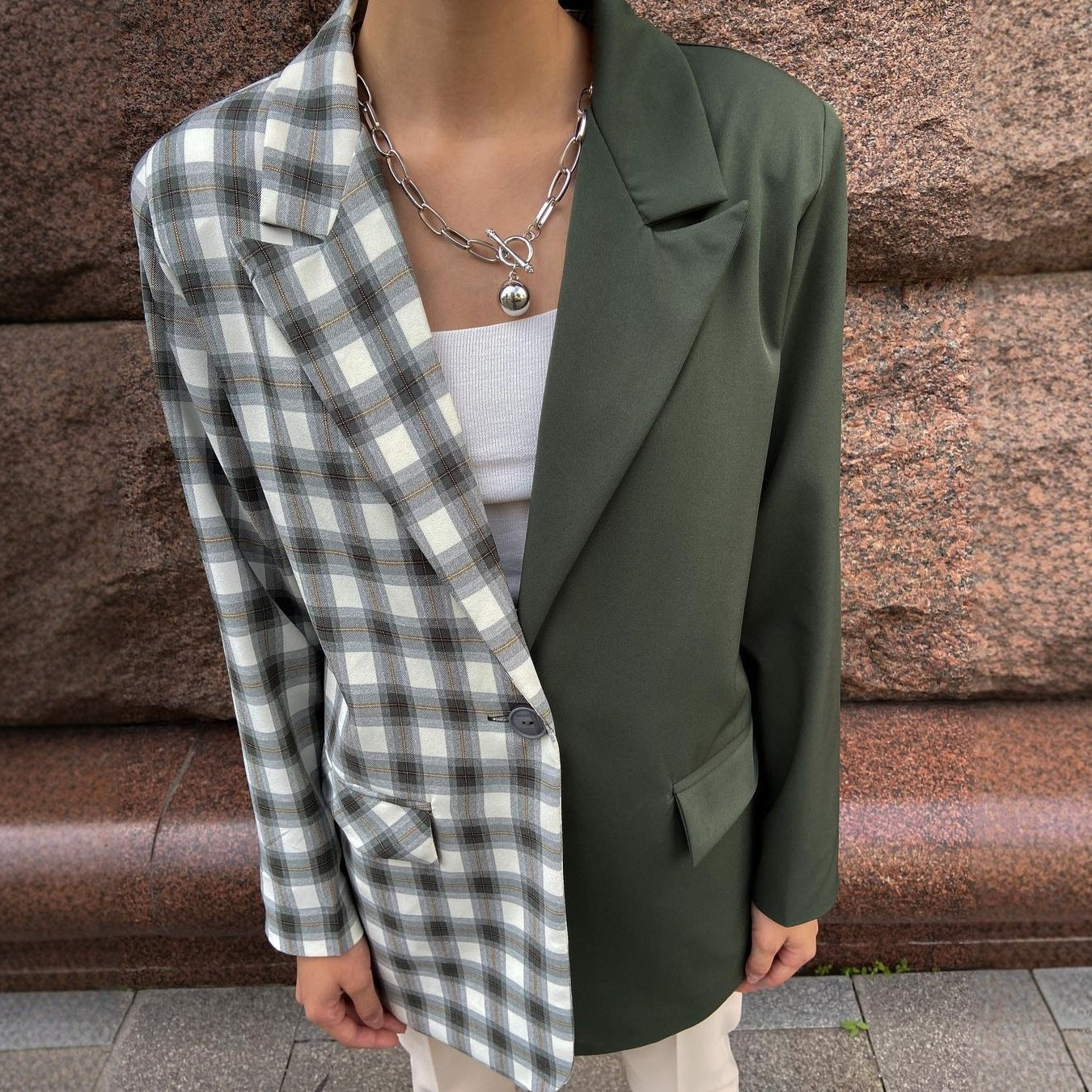 Damen Zweifarbiger Oversize-Blazer mit Karomuster und Reverskragen Chichicherry