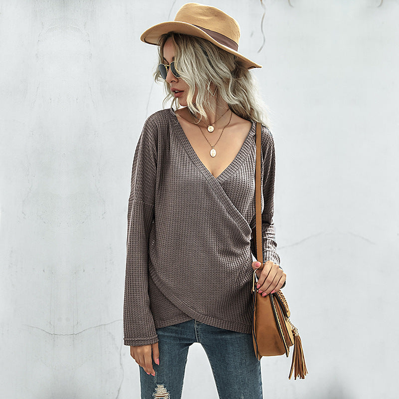 Women's Waffle Knit Wrap Shirt with V-Neck and Long Sleeves Chichicherry