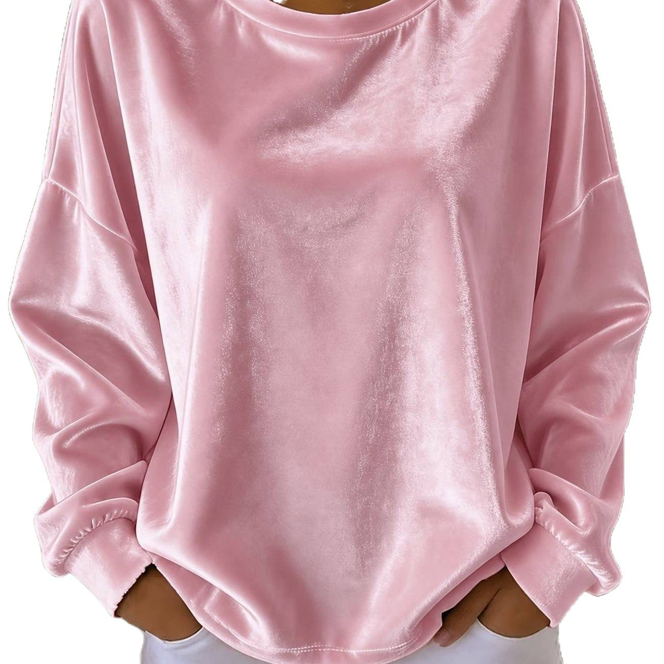 Women's Oversized Velvet Sweatshirt with Crew Neck, Dropped Shoulder and Elastic Cuffs