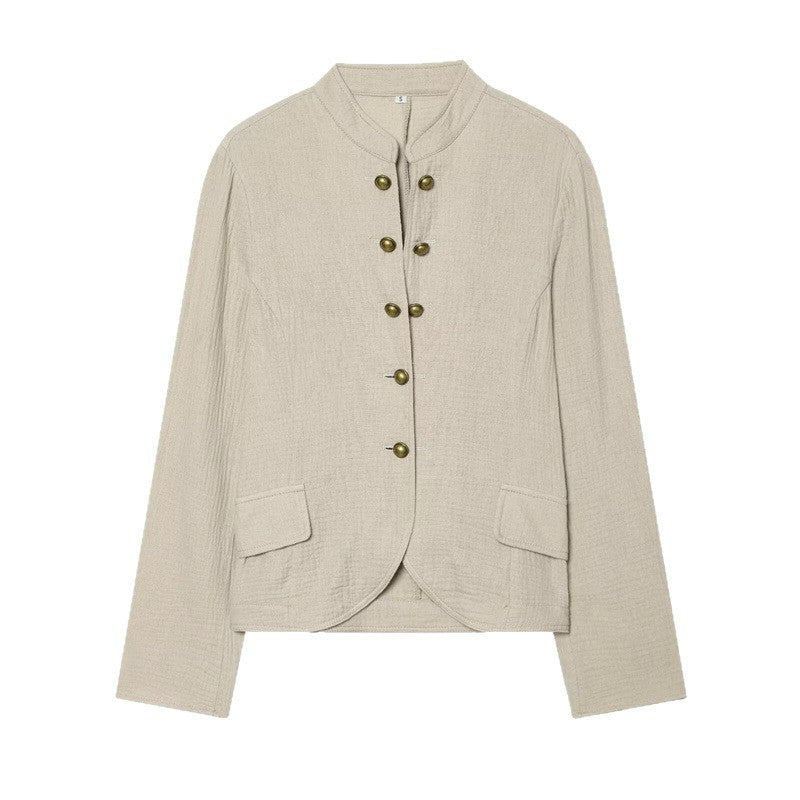 Women Boxy Linen Blazer with Stand Collar, Decorative Button Placket and Patch Pockets Chichicherry