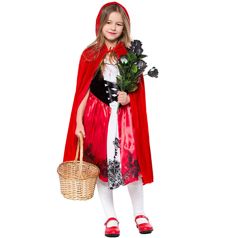 Girl Fairy Tale Little Red Riding Hood Costume with Cape and Ruffles Chichicherry