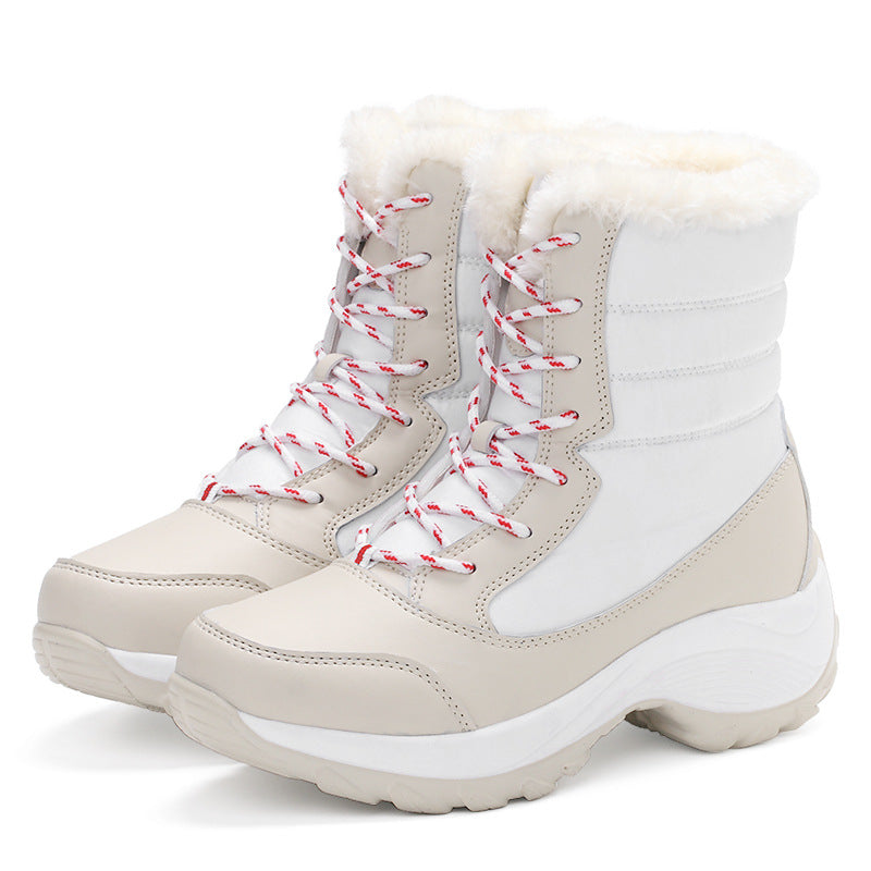 Women's water-repellent insulated winter lace-up ankle boots with faux fur collar and textured platform sole Chichicherry