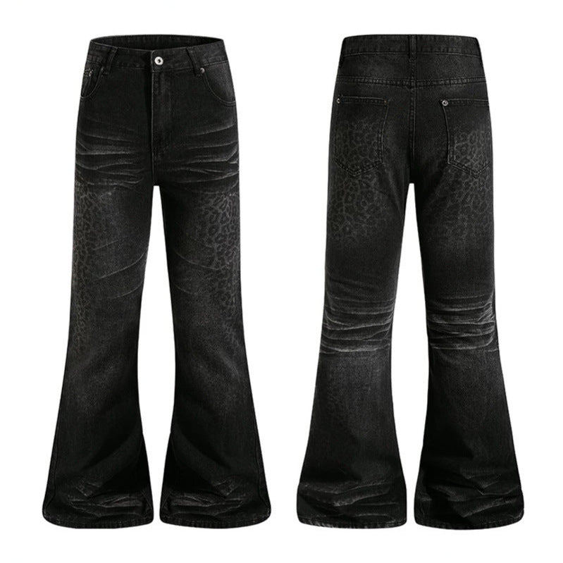 Women's High-Cut Flared Jeans with Subtle Leo Print and Used Wash Chichicherry