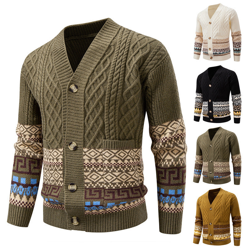 Men's knitted cardigan with cable pattern, jacquard cuffs, and button closure Chichicherry