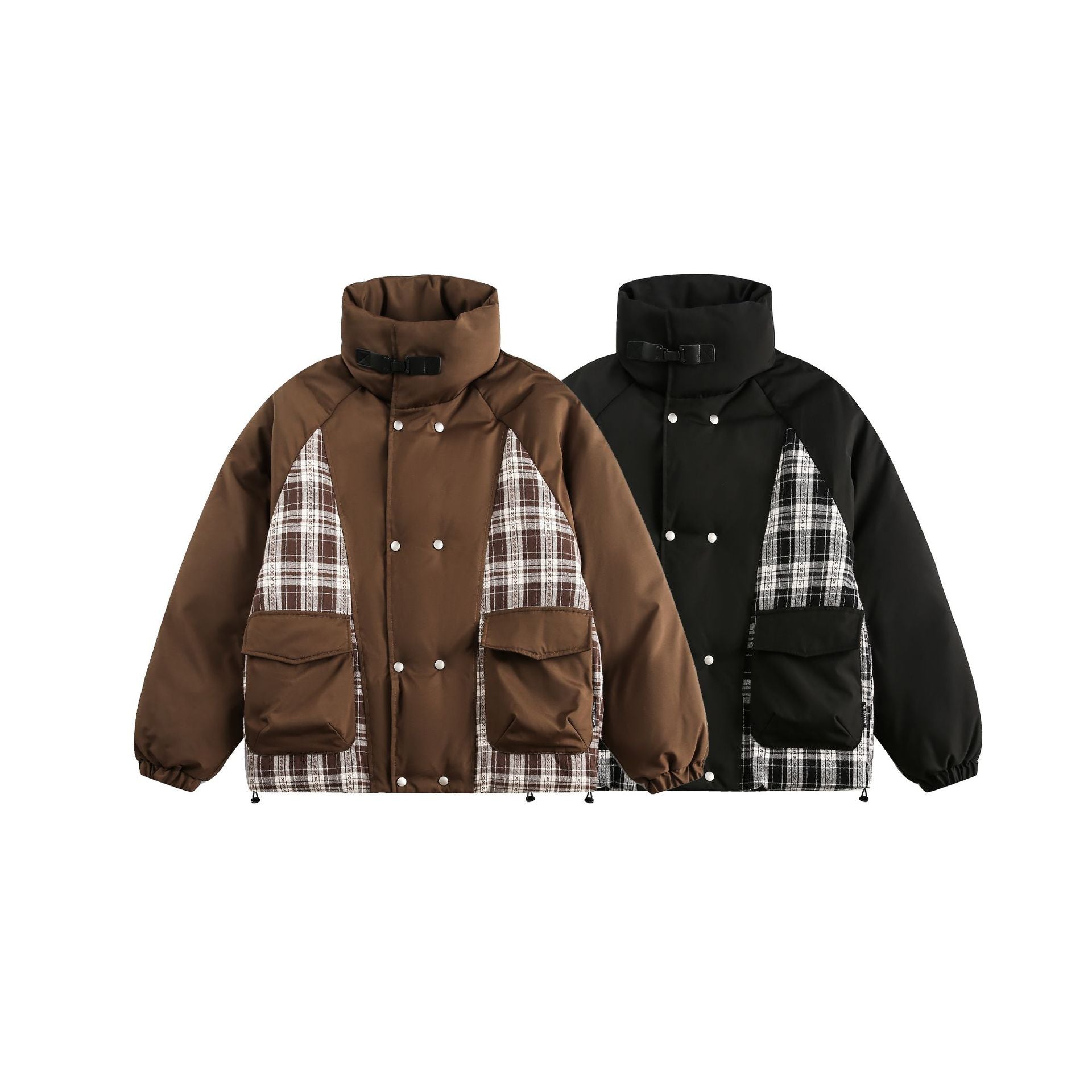 Unisex Oversize Stand Collar Puffer Jacket with Checked Insert Panel and Utility Pockets Chichicherry