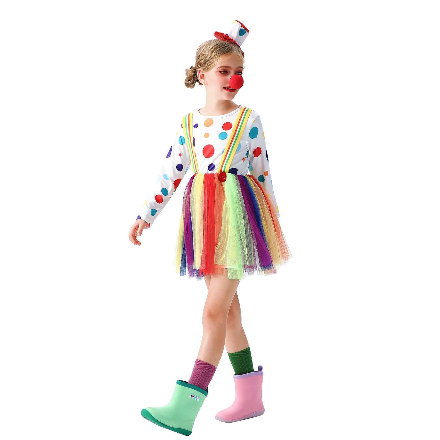 Girl clown costume with colorful tulle skirts and hair accessories Chichicherry