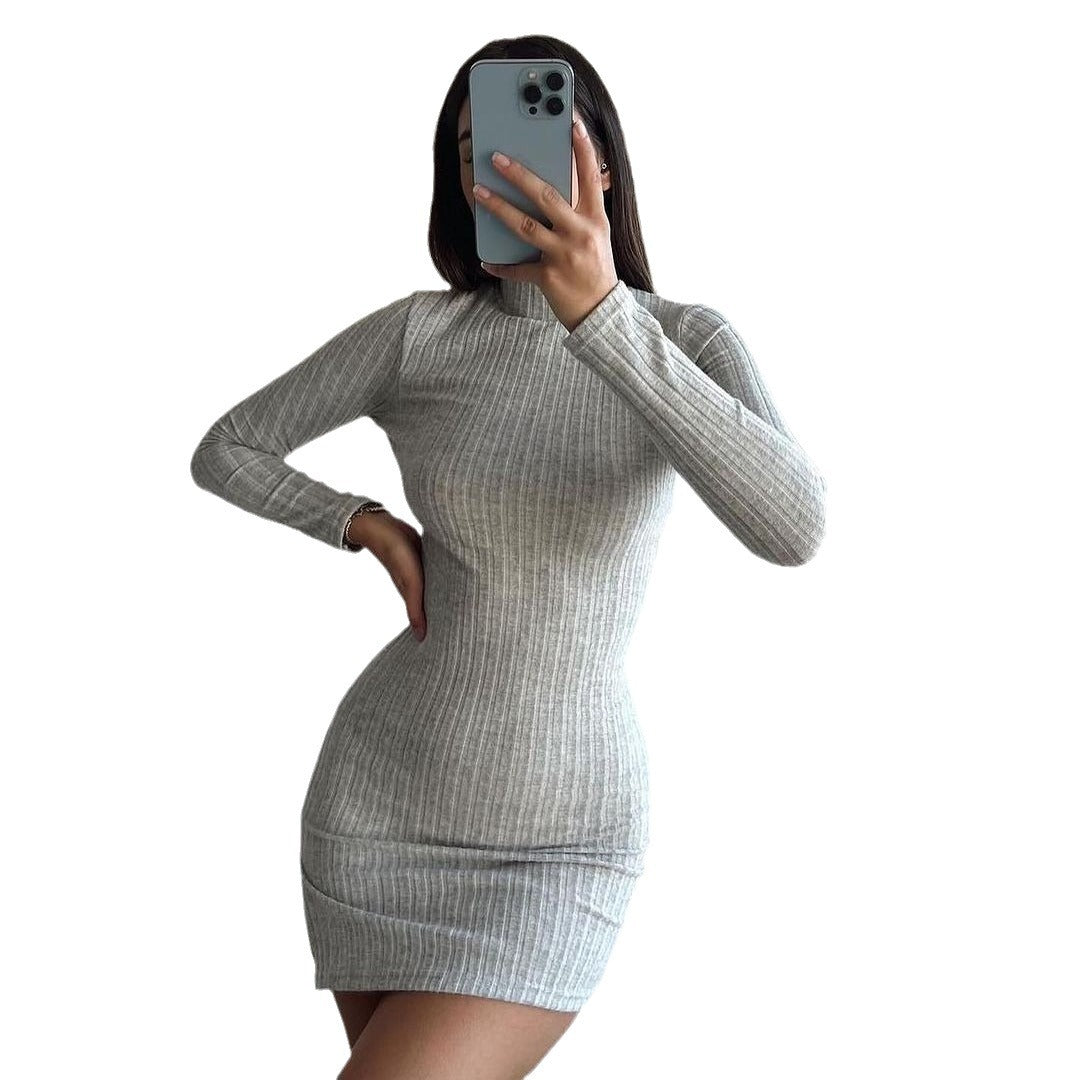 Damen Enganliegendes Rippstrick-Minikleid mit Rollkragen und langen Ärmeln Chichicherry