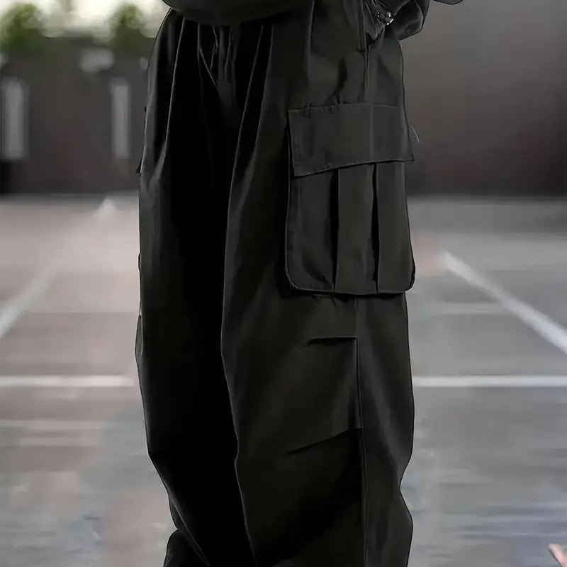 Men's Wide Utility Cargo Pants with Oversized Flap Pockets & Elastic Drawstring Waist Chichicherry