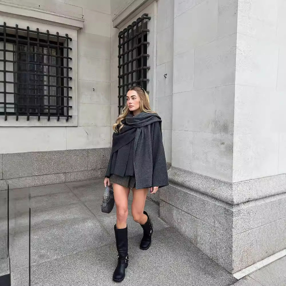 Women's Layered Poncho with Sleeves and Button Collar Chichicherry