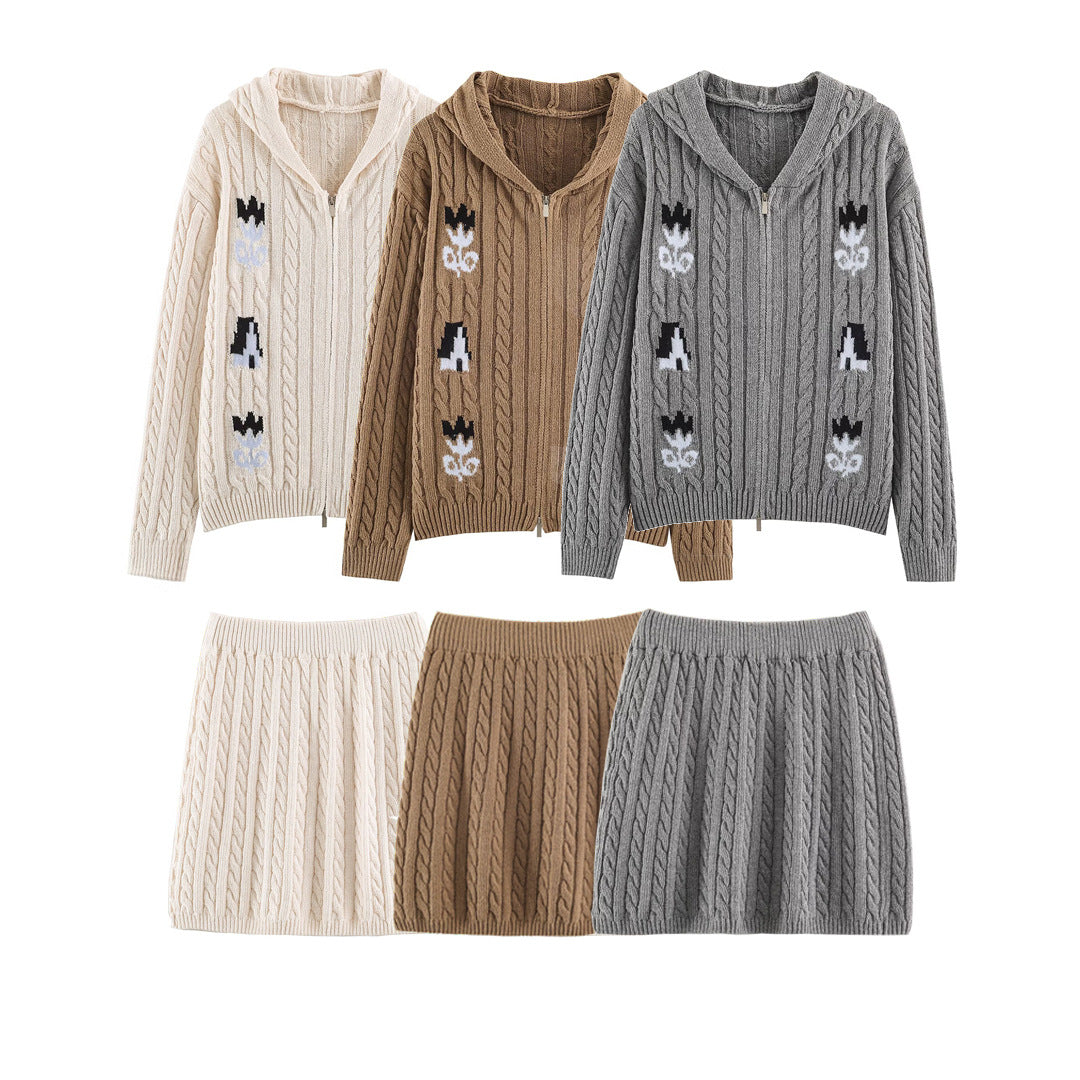 Women's Two-Piece Knit Set with Zipper Hoodie and Short Cable Knit Skirt Chichicherry