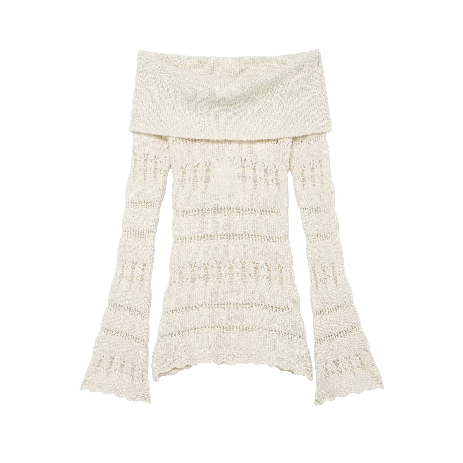 Women's Off-Shoulder Fine Knit Sweater with Folded Roll Neck and Bell Sleeves Chichicherry