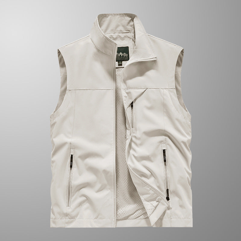 Men's Breathable Softshell Utility Vest with High Stand-Up Collar, Water-Repellent Outer Layer and Multiple Zipper Pockets Chichicherry