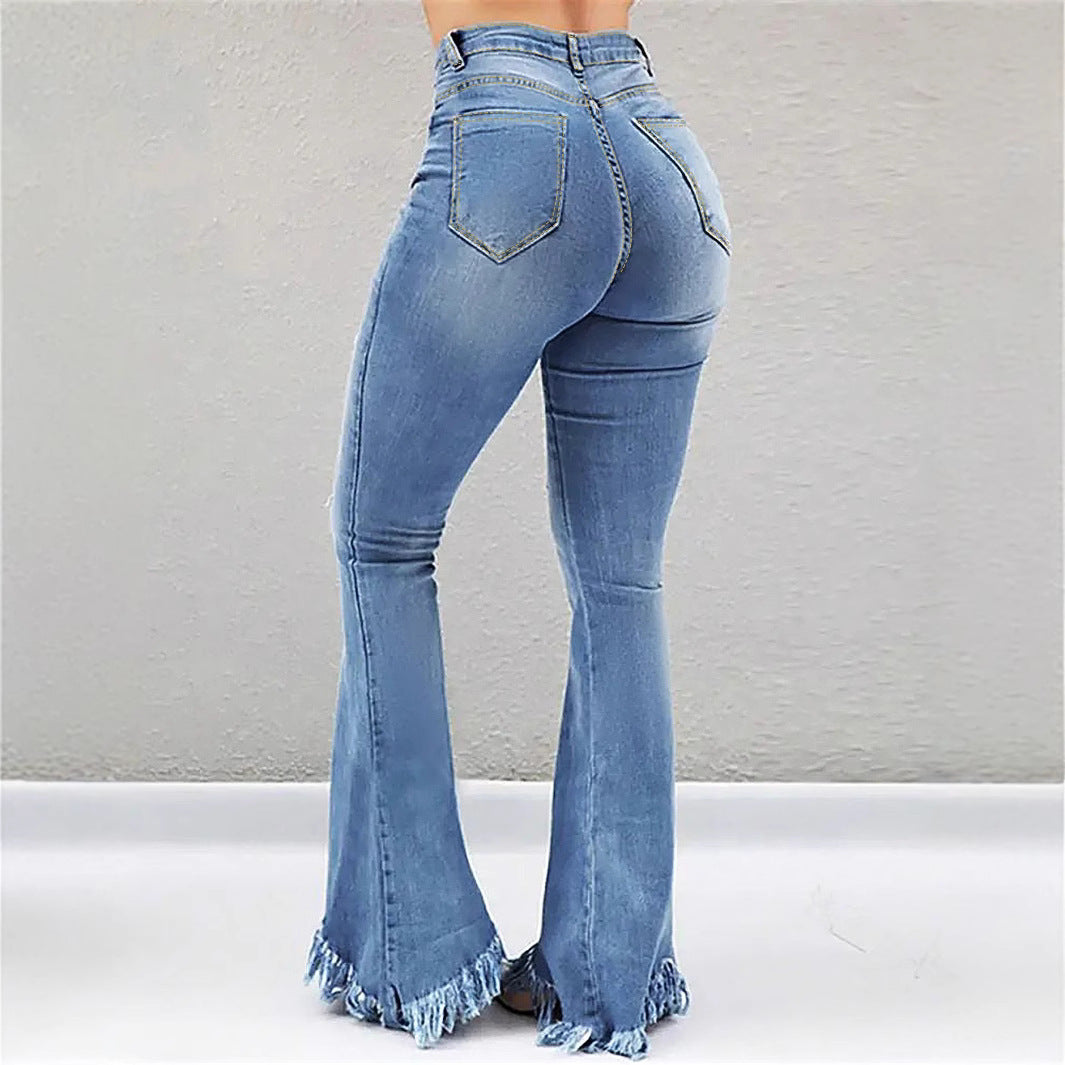 Women High-Waist Flared-Jeans with sculpting cut, destroyed knee parts and frayed ruffle hem Chichicherry