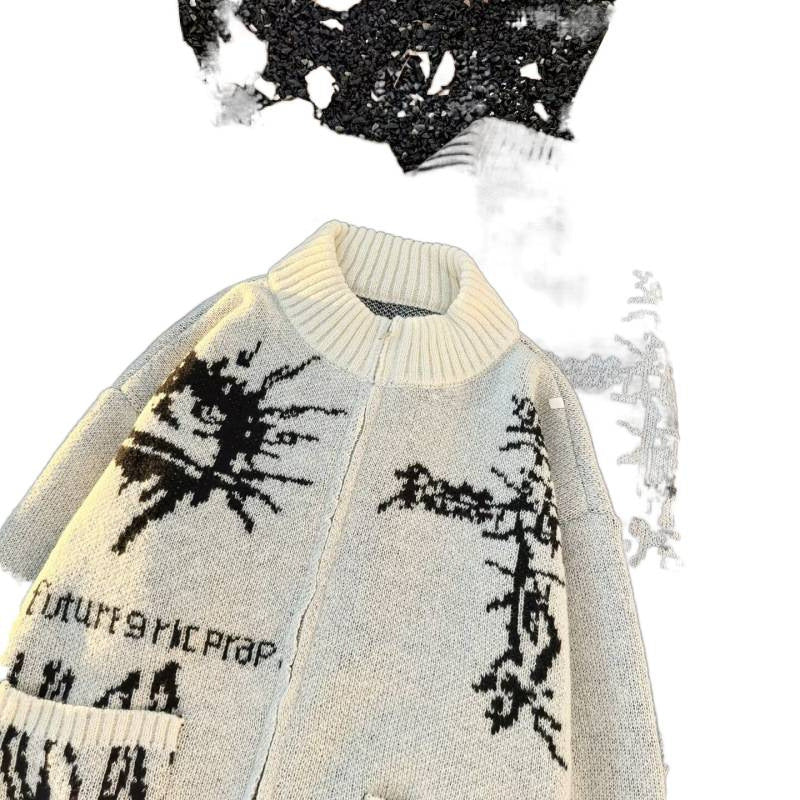 Unisex Grobgestrickte Zip‑Strickjacke mit hohem Rippenkragen, Jacquardmuster und aufgesetzten Taschen Chichicherry