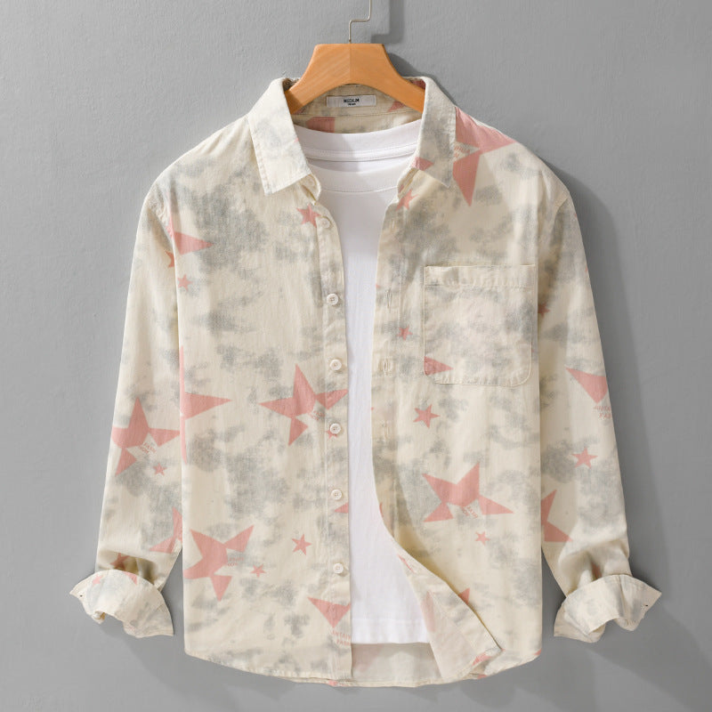 Men's Loose Cotton Blend Overshirt with Star Print and Chest Pocket Chichicherry
