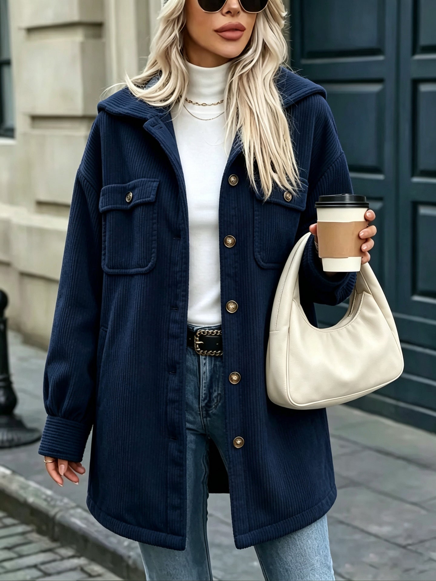 Women's cord jacket with hood, oversized and patch pockets Chichicherry
