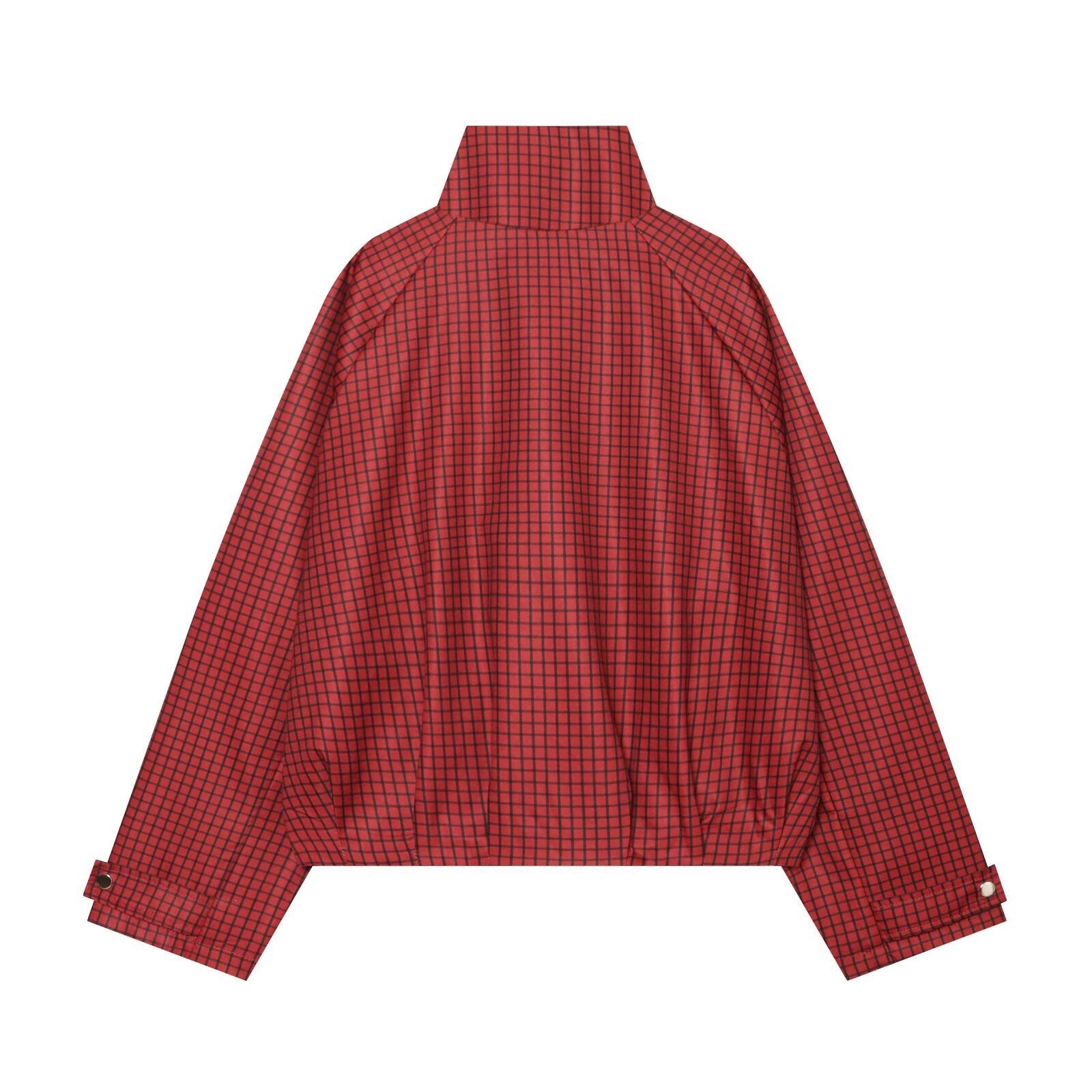 Women's Checked Cropped Bomber Jacket with High Stand Collar, Elastic Hem and Full Zip Chichicherry
