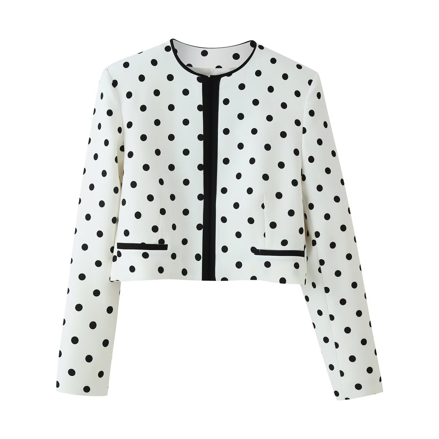 Women's short blazer in polka dot design with black contrast piping and round neck Chichicherry
