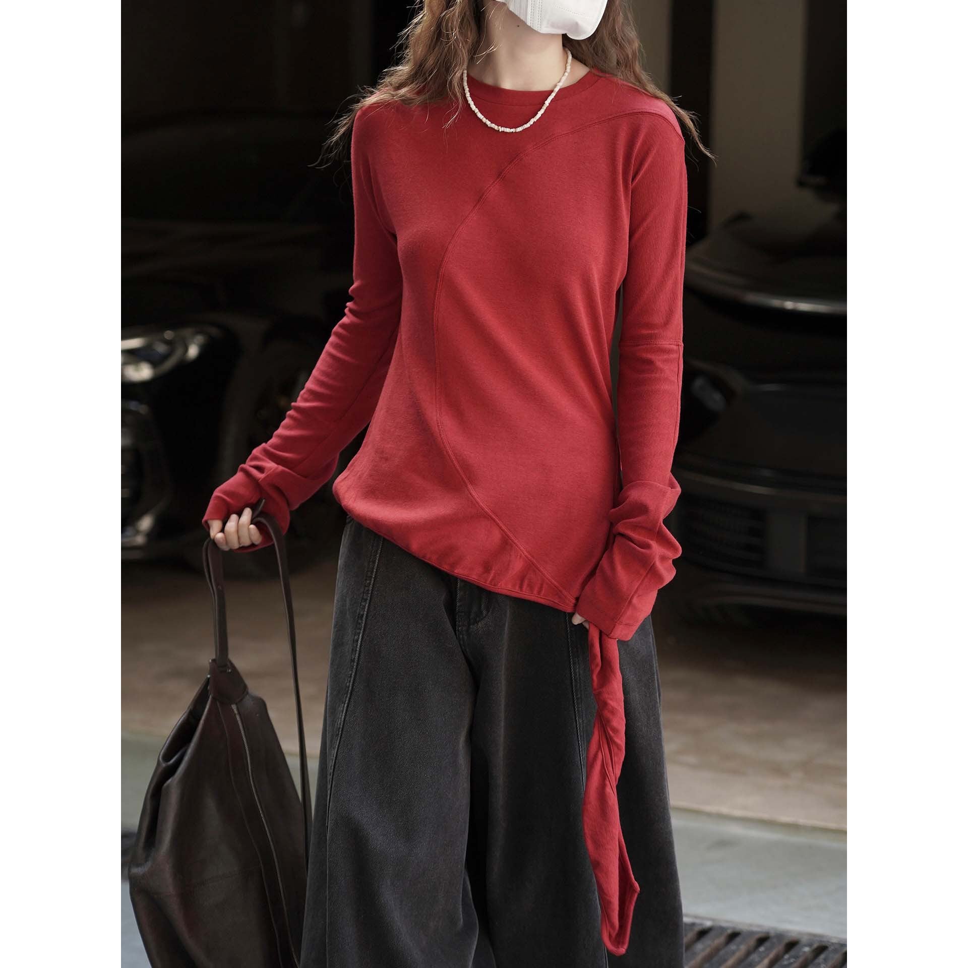 Women Asymmetrical Long Sleeve with Side Ties Chichicherry