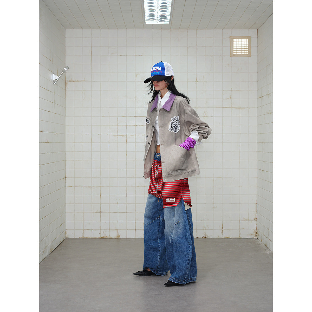 Unisex Traditionally tailored chore jacket made of cotton canvas with artistic patch applications and cord collar Chichicherry