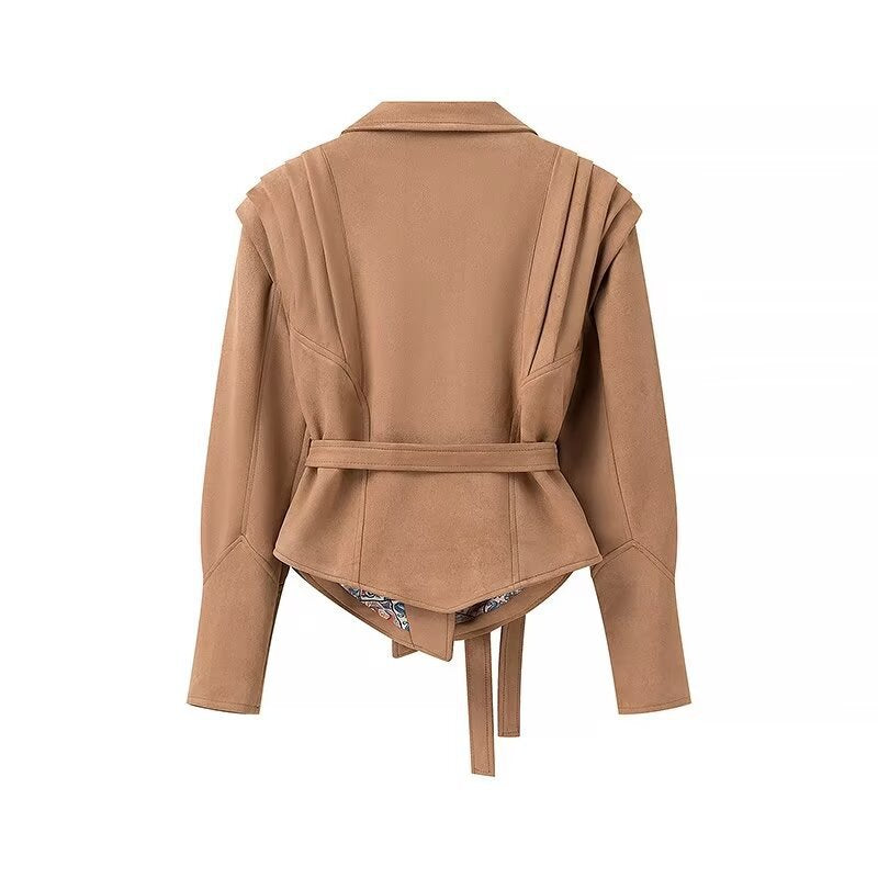 Women Suede Wrap Jacket with Waist Belt and Structured Shoulder Details Chichicherry