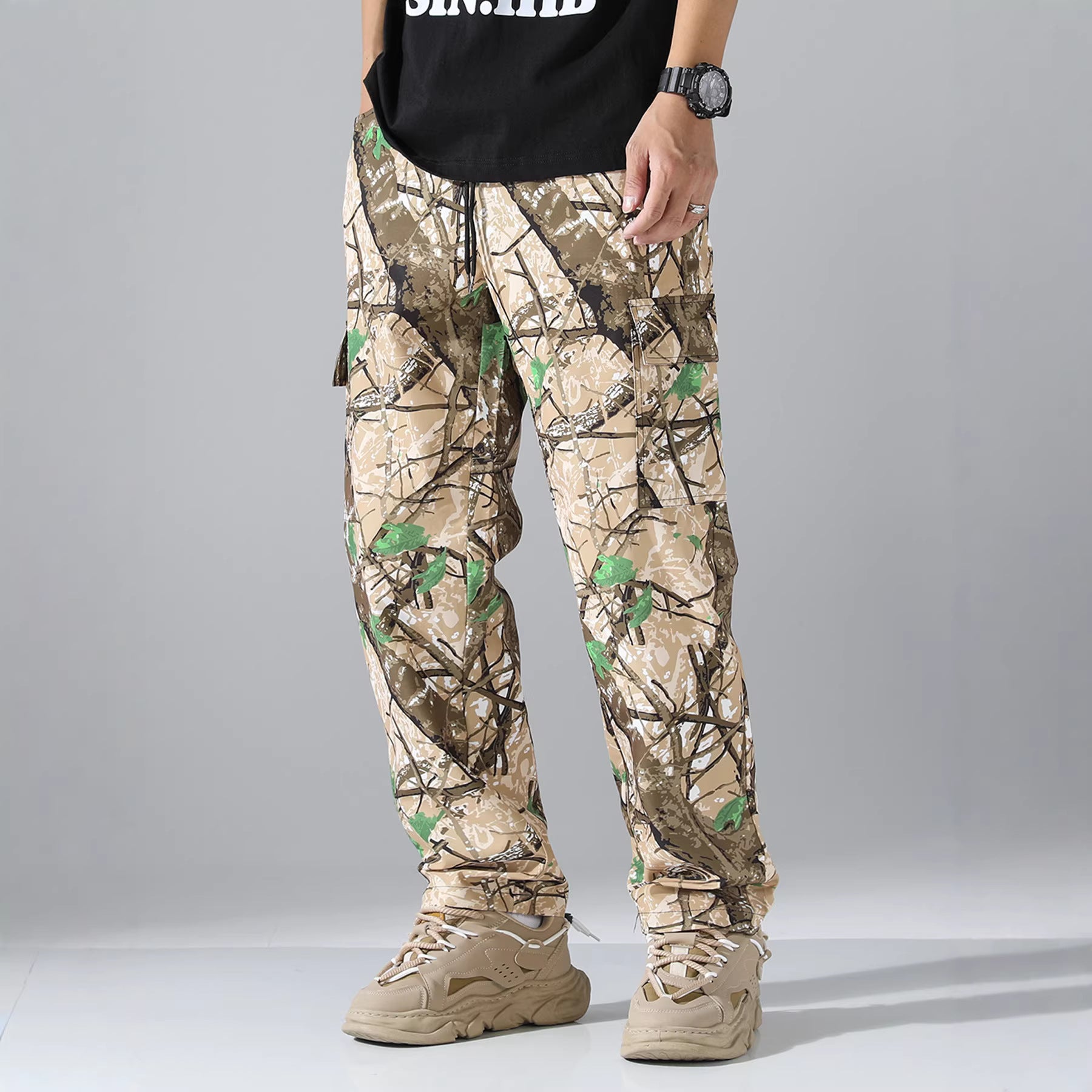 Men's Patterned Cargo Jogging Pants with Drawstring, Patch Pockets & Tapered Leg Chichicherry