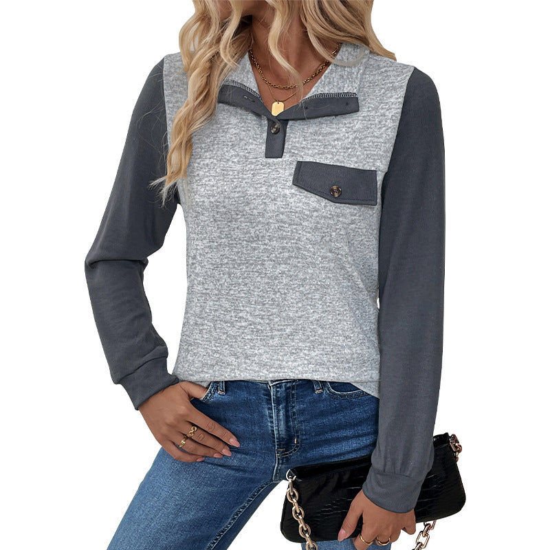 Women Two-Tone Henley Long Sleeve with Chest Pocket Trim and Ribbed Cuffs Chichicherry