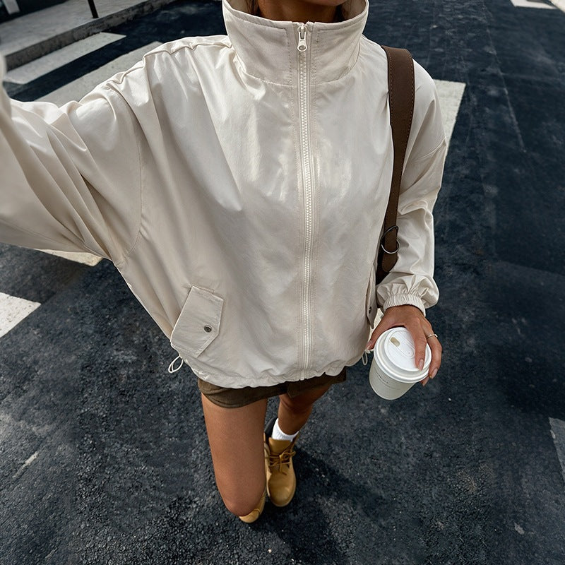 Women's Oversized Wind Jacket with Stand-up Collar, Drawstring and Flap Pockets Chichicherry