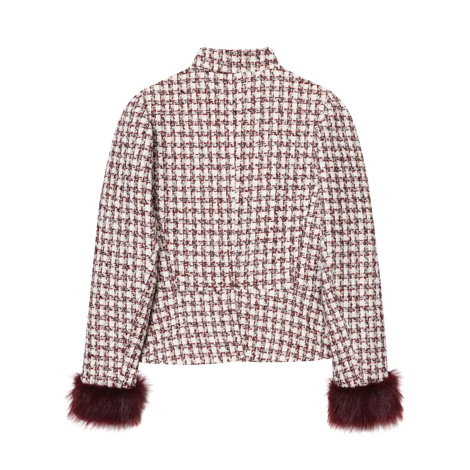 Women's short jacket made of boucle tweed with stand-up collar and faux fur cuffs Chichicherry