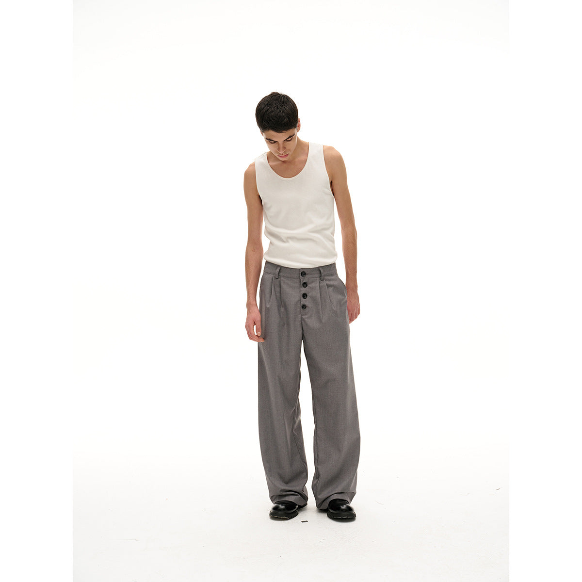 Women's Wide High-Waist Pleated Trousers with Distinctive Button Placket Chichicherry