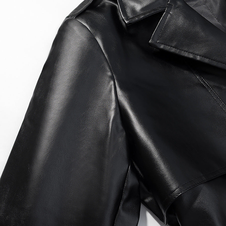 Women Longer Faux Leather Trench Coat with Waist Belt and Epaulettes Chichicherry