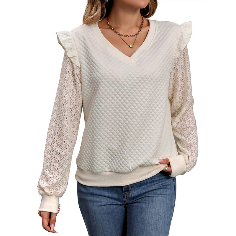 Women's Quilted V-Neck Sweatshirt with Ruffled Shoulder and Lace Sleeves Chichicherry