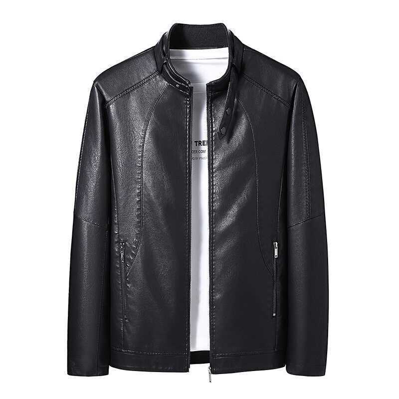 Men's Faux Leather Jacket in Moto Style with Stand Collar and Full Zip Chichicherry