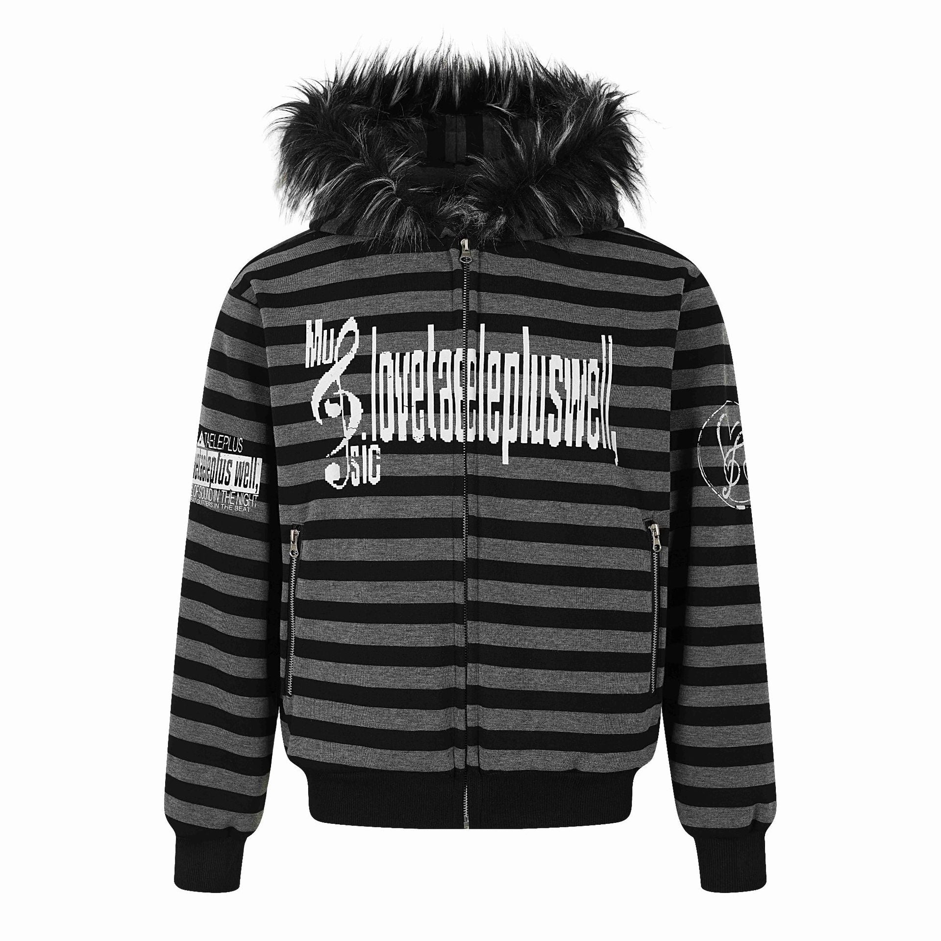 Unisex Striped Hooded Jacket with Faux Fur Hood and Zipper Pockets Chichicherry