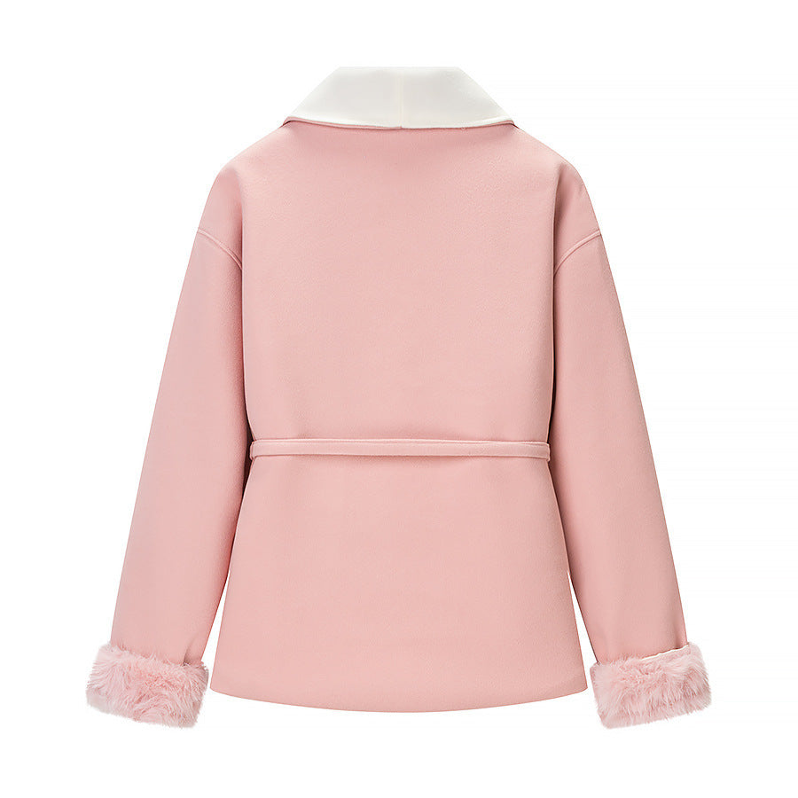 Women's short blazer coat with kimono shawl collar, waist belt, and faux fur cuffs Chichicherry