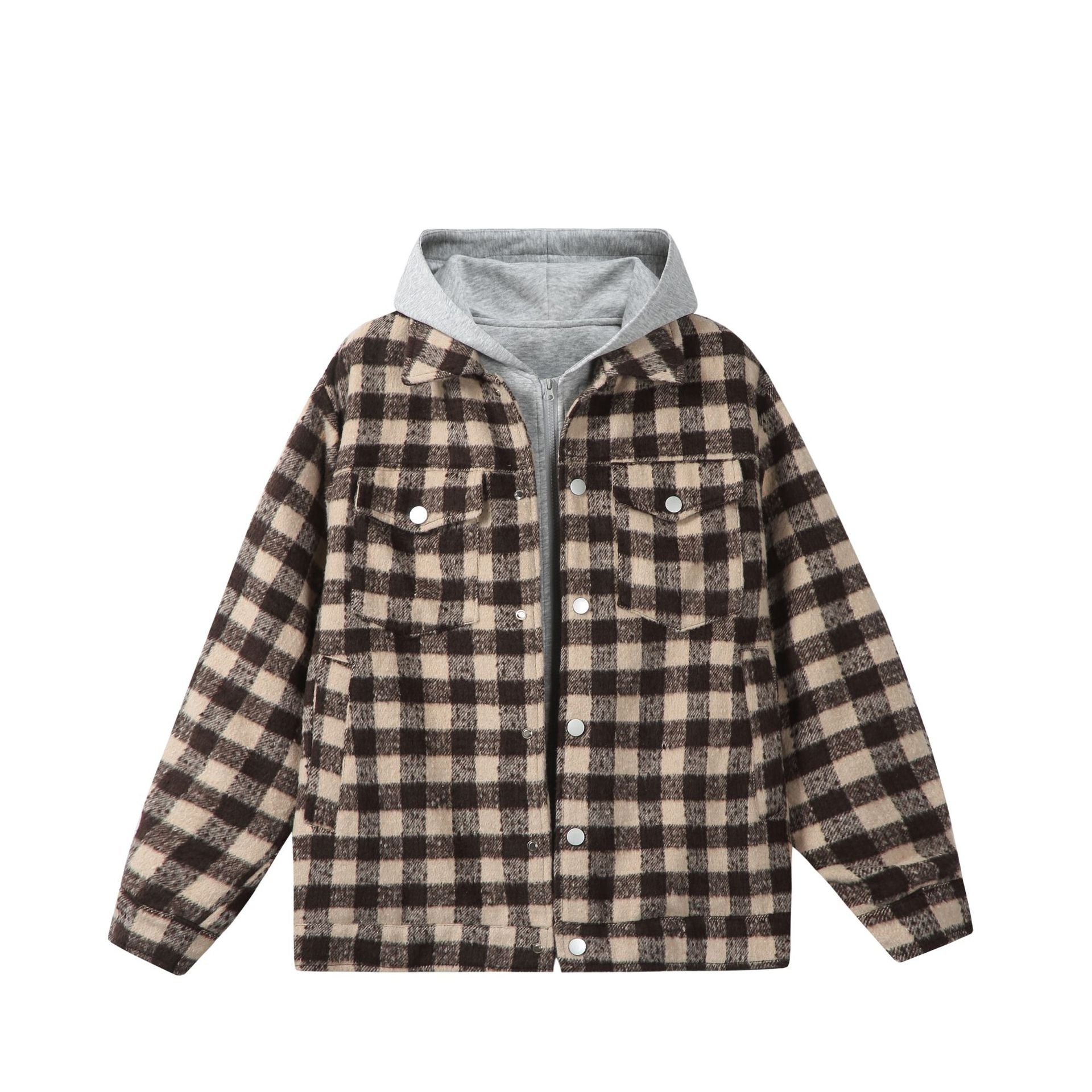 Women's short jacket in shacket style with checked wool look and integrated sweat hood Chichicherry