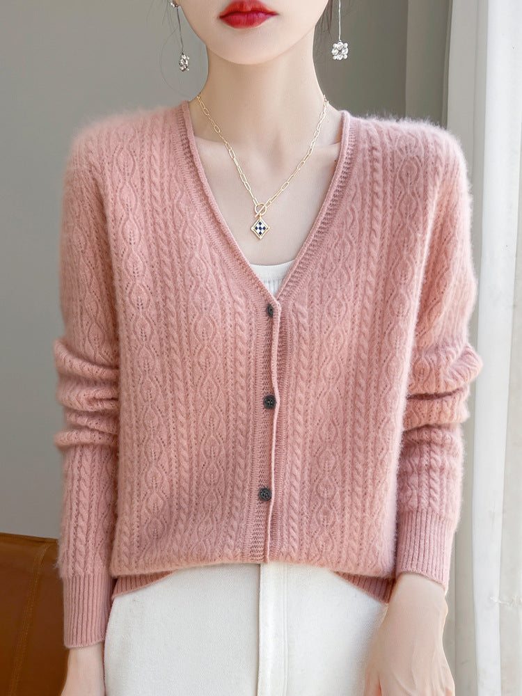 Ladies Short Cable Knit Cardigan in Mohair Look with V-neck and Ribbed Cuffs Chichicherry