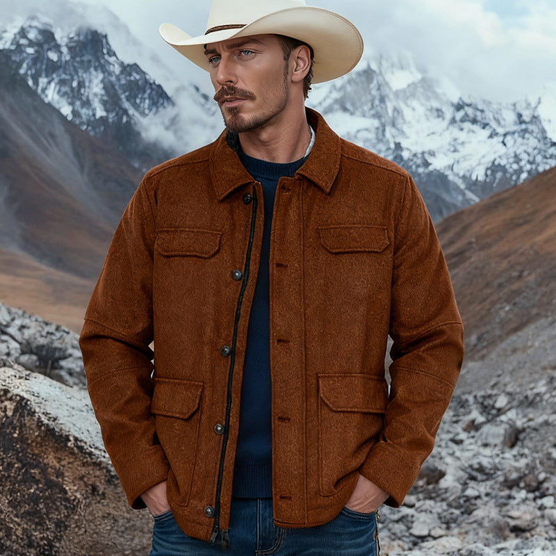 Men's Wool Blend Field Jacket with Flap Pockets, Full Button Placket and Shirt Collar Chichicherry